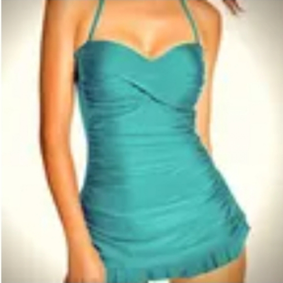 Kenneth Cole Teal Ruched One Piece Dress Swimsuit - Picture 1 of 8